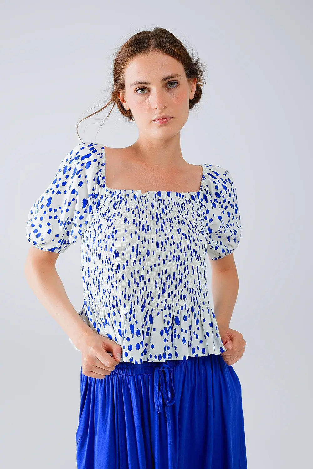 Peplum Shirred White Blouse With Blue Polka Dots - Tops