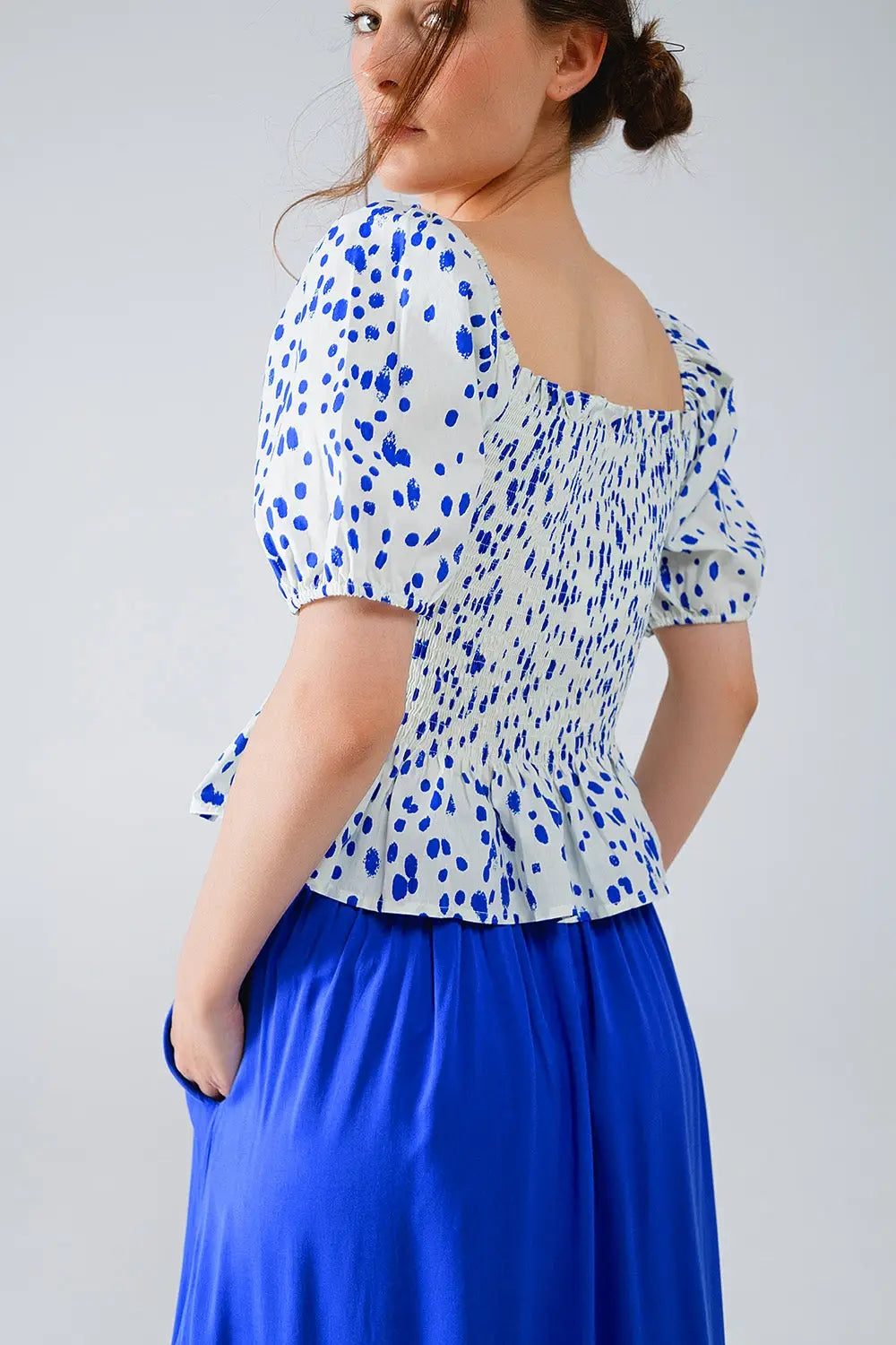 Peplum Shirred White Blouse With Blue Polka Dots - Tops