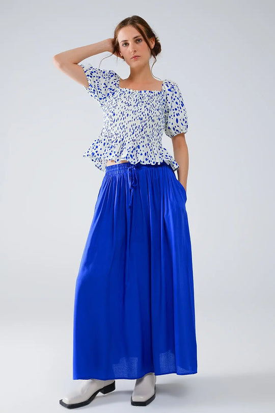 Peplum Shirred White Blouse With Blue Polka Dots - Tops