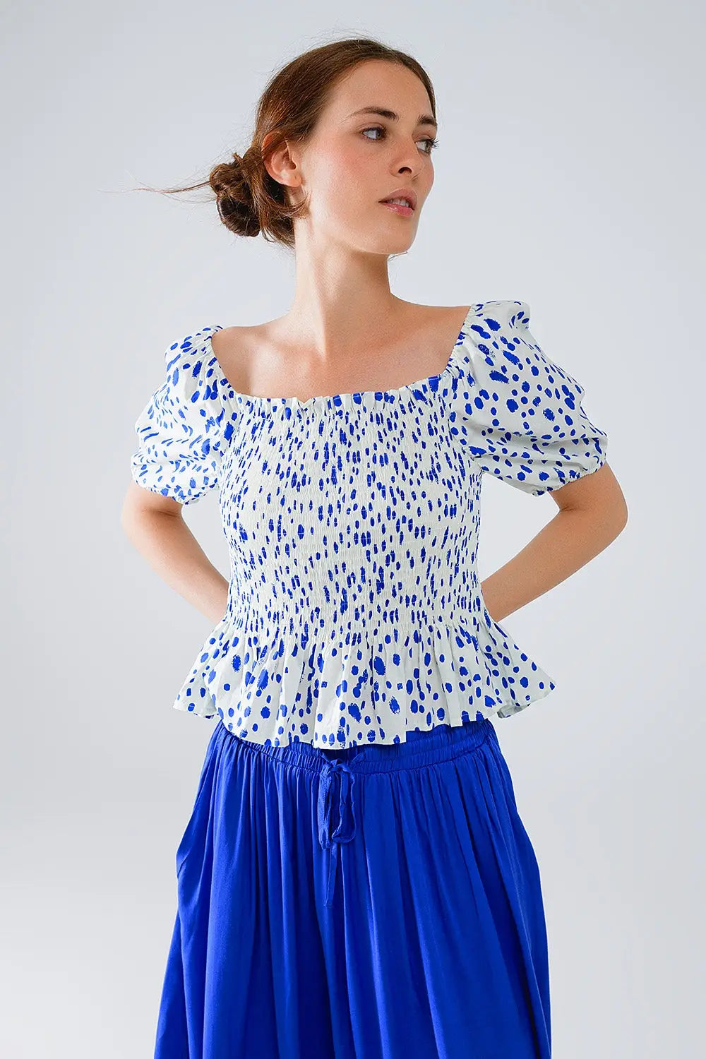 Peplum Shirred White Blouse With Blue Polka Dots - Tops