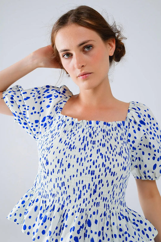 Peplum Shirred White Blouse With Blue Polka Dots - Tops