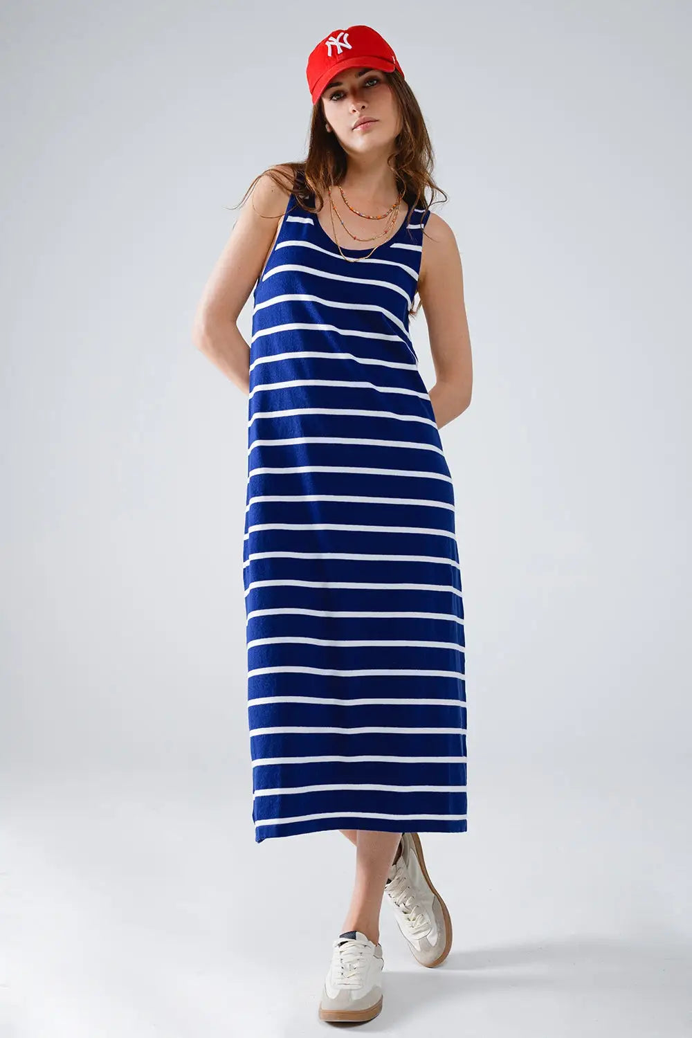 Tank maxi Dress With Scoop Neck In Navy With White Stripes - Dresses