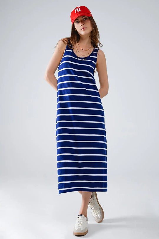 Tank maxi Dress With Scoop Neck In Navy With White Stripes - Dresses