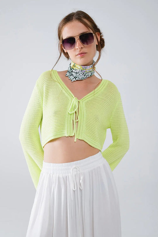 Long Bell Sleeve Knitted Cardigan in Lime Green With knot detail - GREEN / ONE - Cardigans