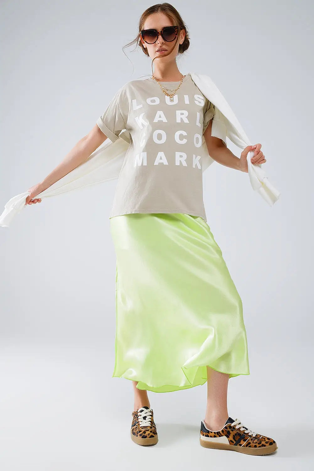 Lime maxi silk skirt with side slit - Skirts