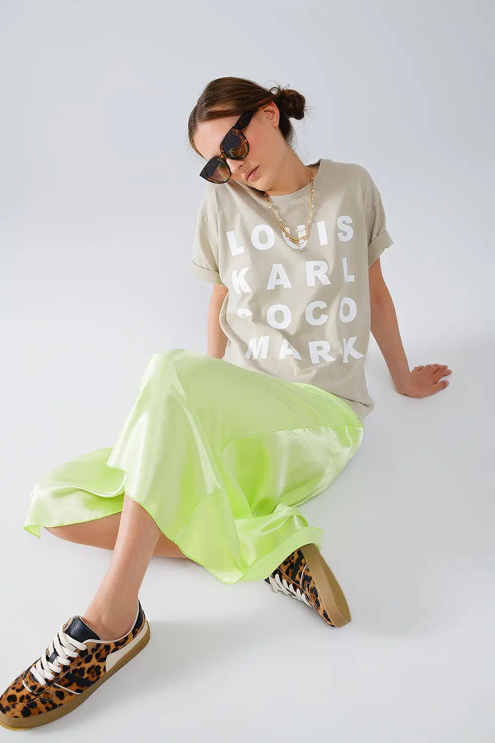 Lime maxi silk skirt with side slit - Skirts