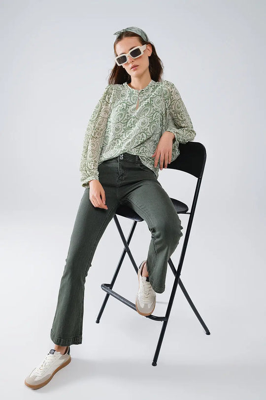 Skinny Flared Jeans With Double Button Detail in Khaki - Colored Jeans