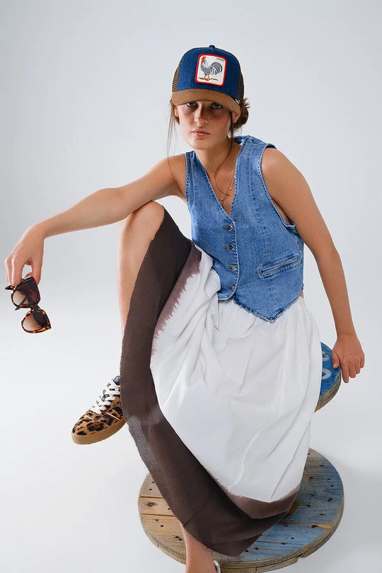 Denim Vest With Button Placket In Mid Wash - Tops