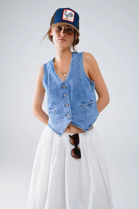 Denim Vest With Button Placket In Mid Wash - Tops