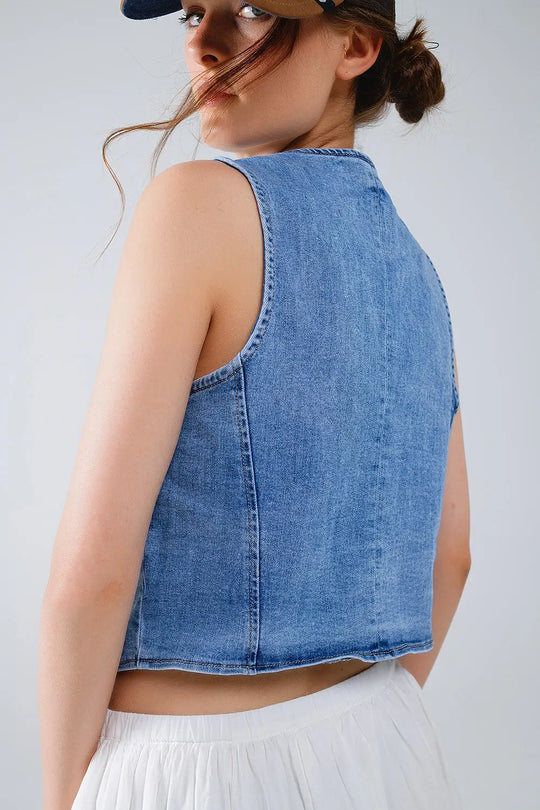 Denim Vest With Button Placket In Mid Wash - Tops