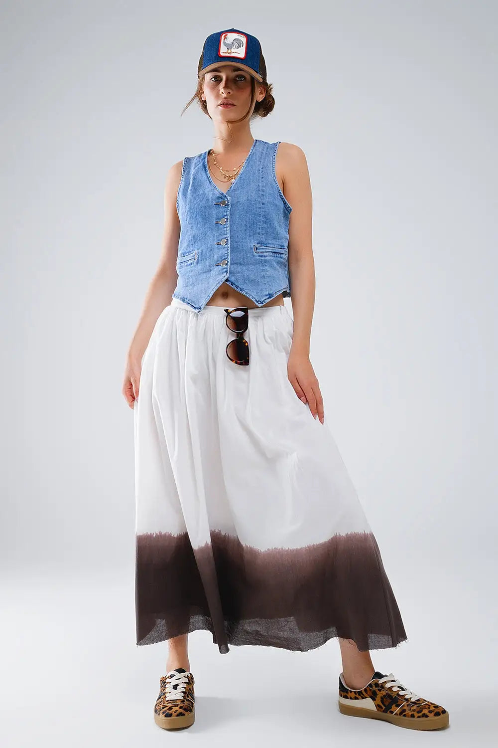 Denim Vest With Button Placket In Mid Wash - Tops