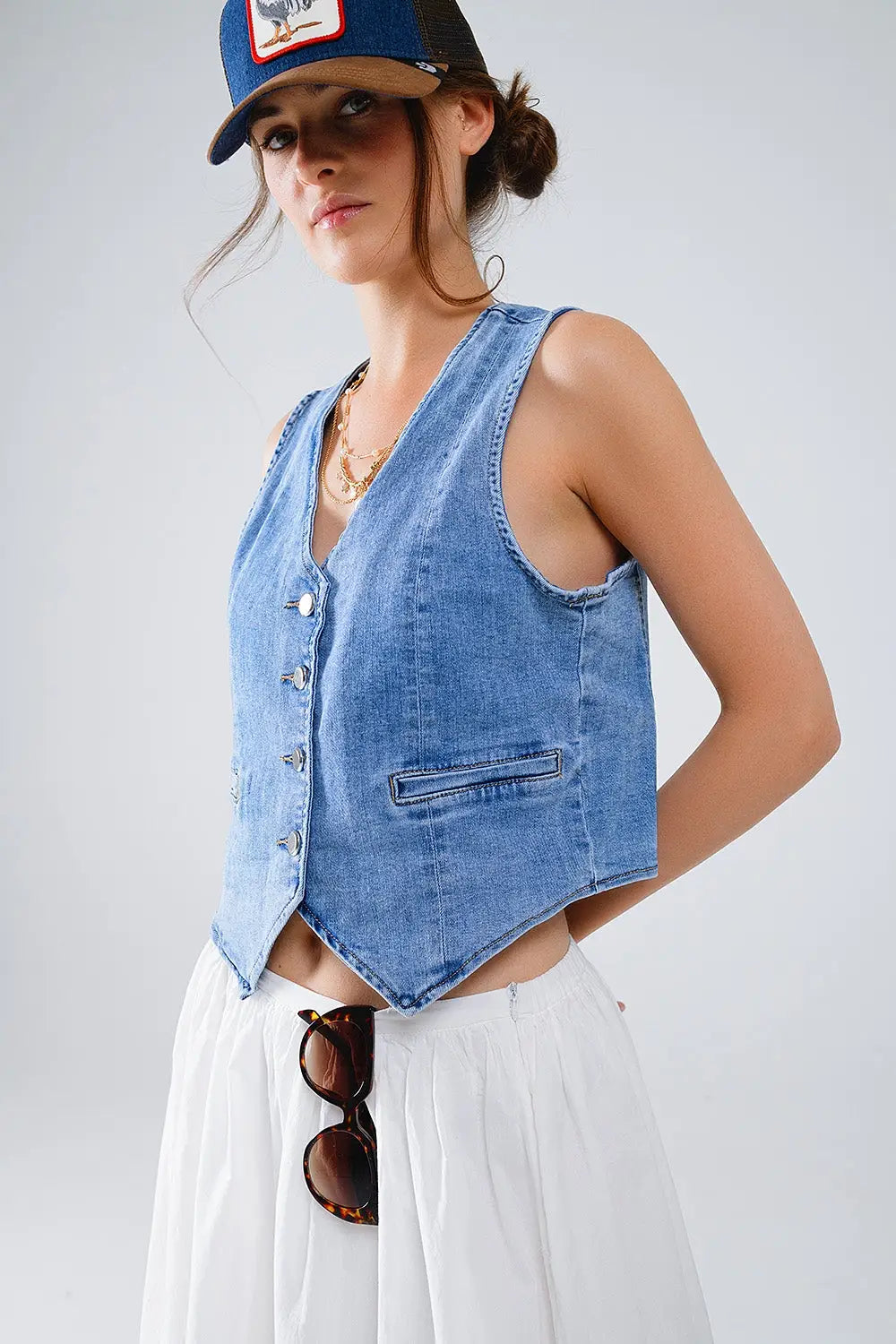 Denim Vest With Button Placket In Mid Wash - Tops