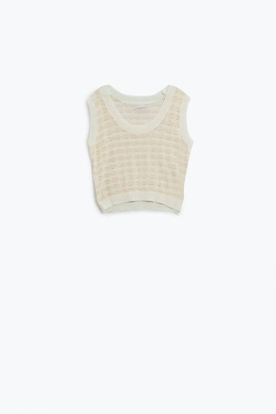 Open Knit Cropped Striped Sleeveless sweater in cream and White - CREAM / ONE - Sweaters