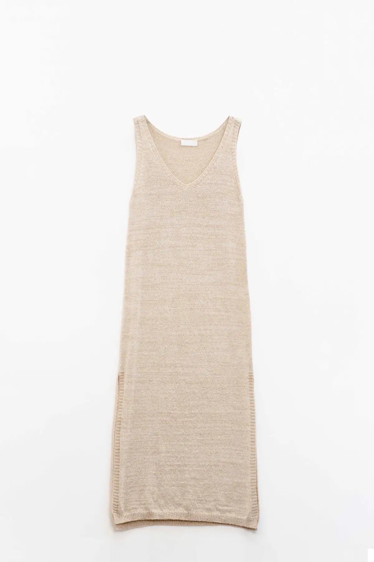 Sleeveless Maxi Beige Dress With Side Slit - BEIGE / ONE - Dresses