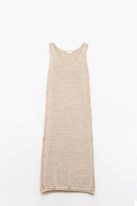 Sleeveless Maxi Beige Dress With Side Slit - BEIGE / ONE - Dresses