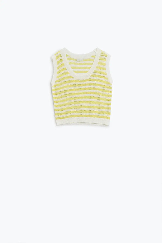 Open Knit Cropped Striped Sleeveless sweater in Yellow and White - YELLOW / ONE - Sweaters
