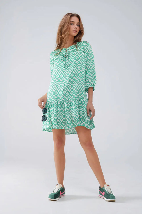 Short Dress With Tie At The Front Details in Ethnic Green Print - Dresses