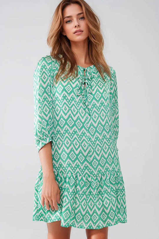 Short Dress With Tie At The Front Details in Ethnic Green Print - Dresses