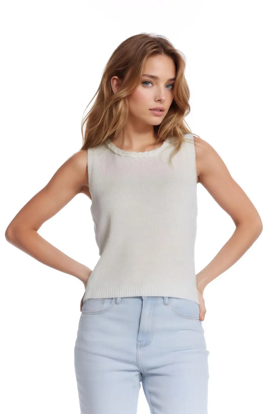 Sleeveless white Sweater With Crew Neckline And Braid Detail At Neckline - BEIGE / ONE - Sweaters