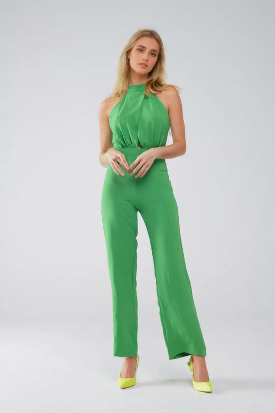 Green Jumpsuit With Crossed Halter Neckline - Dresses