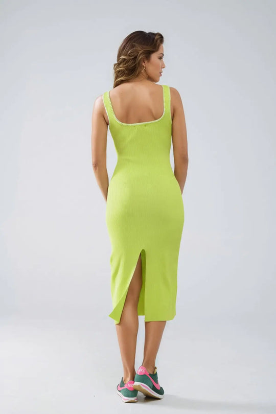 A-line Summer Body Hugging Dress in Lime Green With White Trim - GREEN / ONE - Dresses