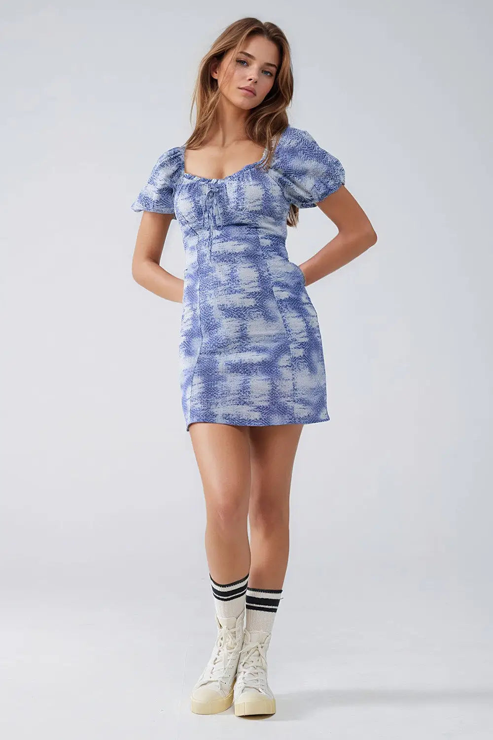 Short Dress With Puff Sleeves In Abstract Blue and White Print - Dresses