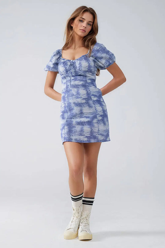 Short Dress With Puff Sleeves In Abstract Blue and White Print - Dresses