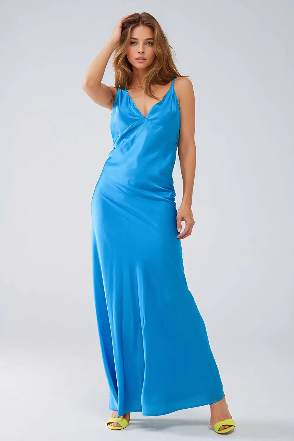 Satin Maxi Dress With Spaghetti Straps in Blue - Dresses