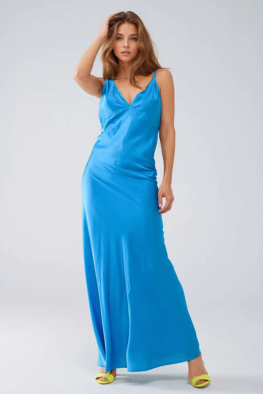 Satin Maxi Dress With Spaghetti Straps in Blue - Dresses