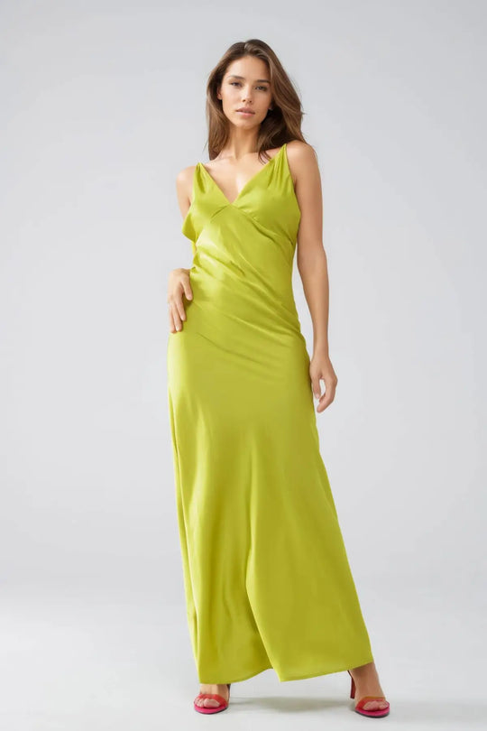 Satin Maxi Dress With Spaghetti Straps in Lime Green - Dresses