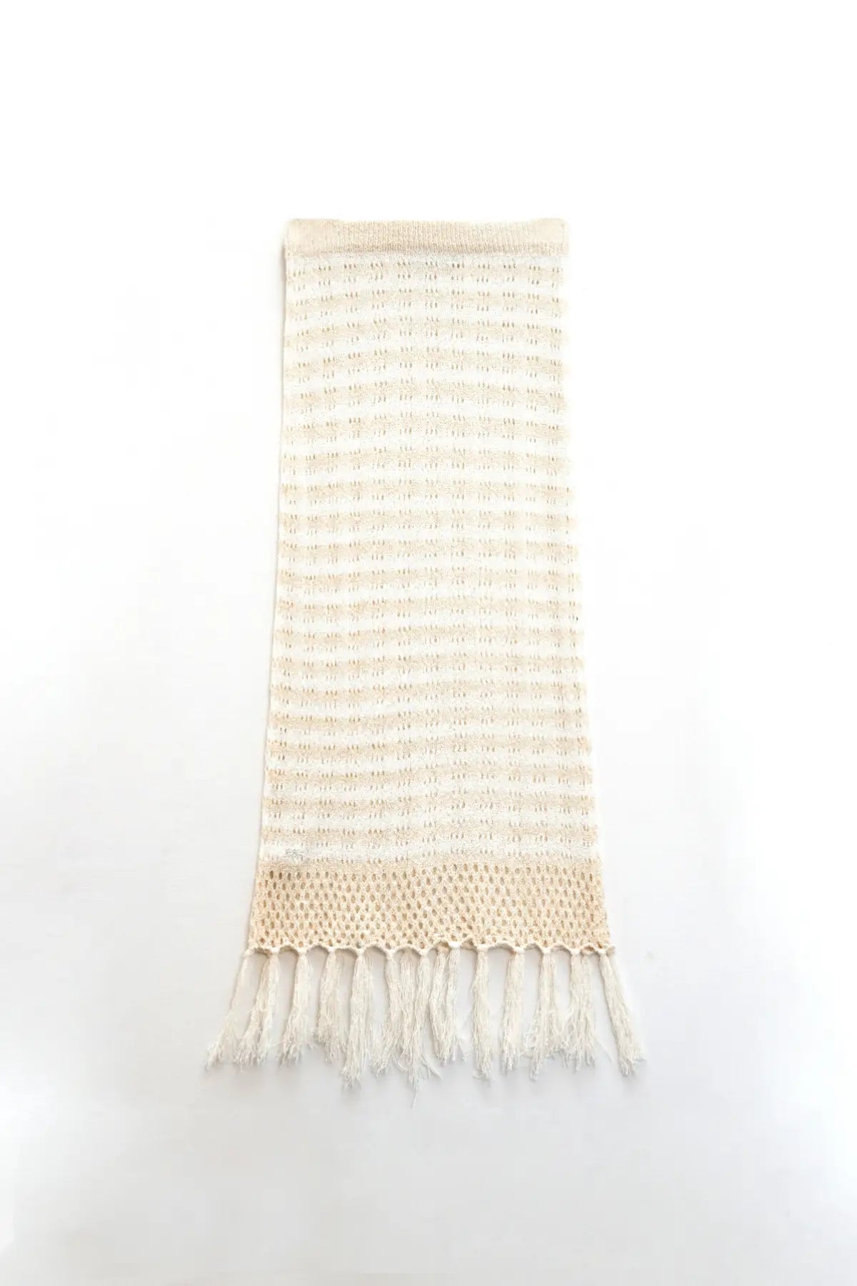 Midi Crochet White Skirt With Beige Stripes and Fringe Hem - BEIGE / ONE - Skirts