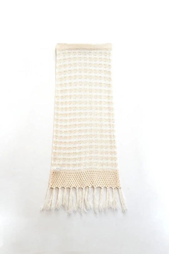 Midi Crochet White Skirt With Beige Stripes and Fringe Hem - BEIGE / ONE - Skirts