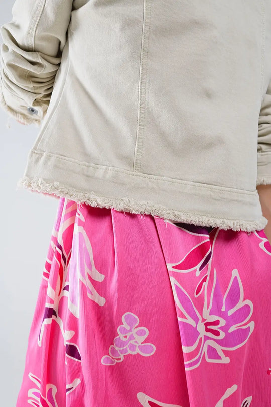 Beige Denim Jacket With Embroided Flowers - Jackets