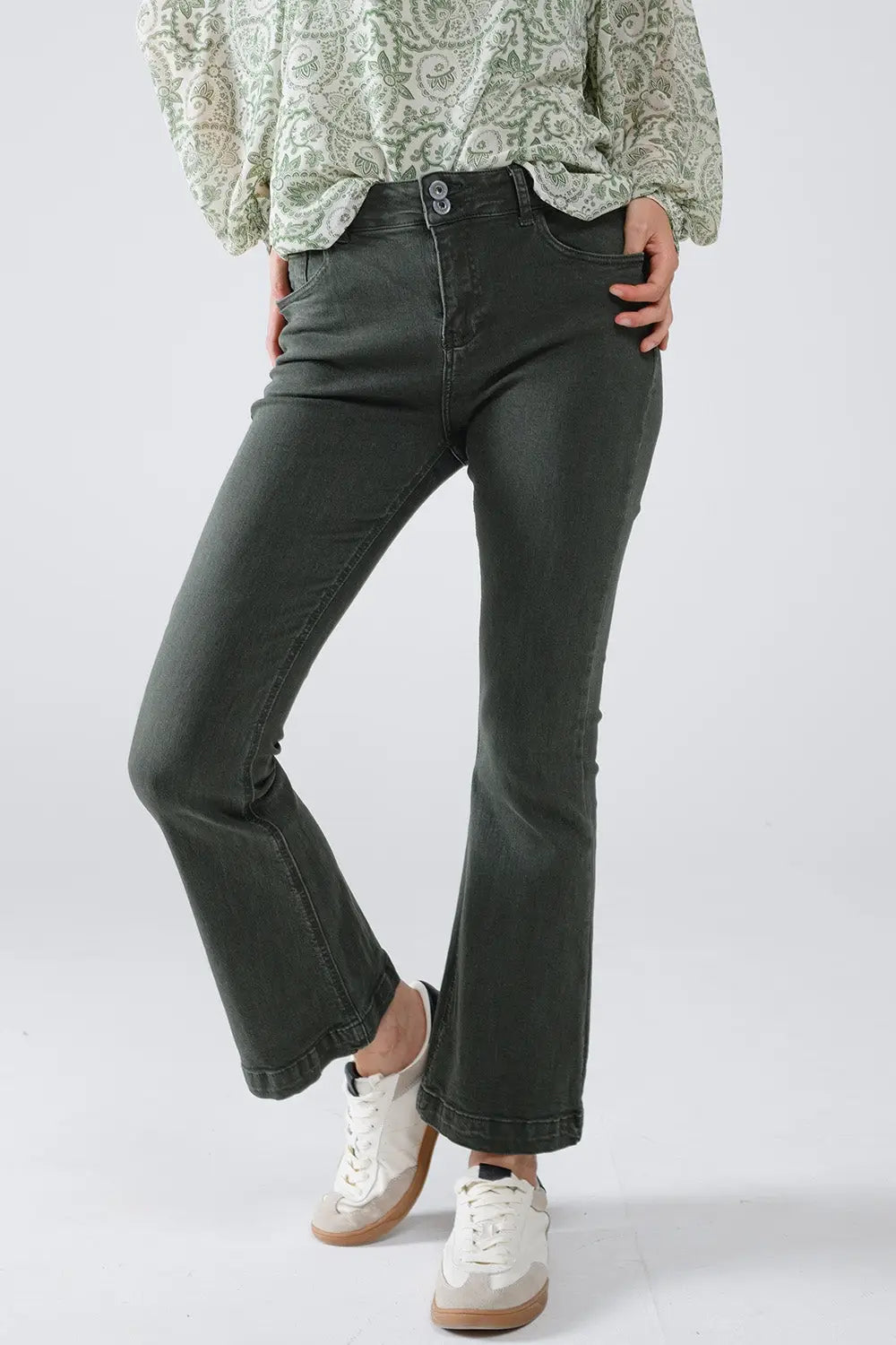Skinny Flared Jeans With Double Button Detail in Khaki - Colored Jeans