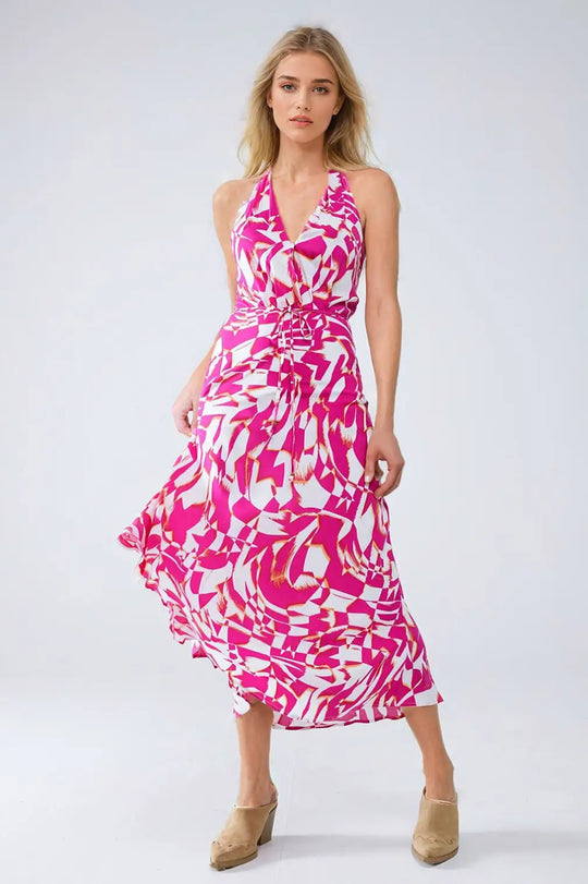 Halter Midi Dress with Cinched Waist In Abstract fuchsia and White Print - Dresses