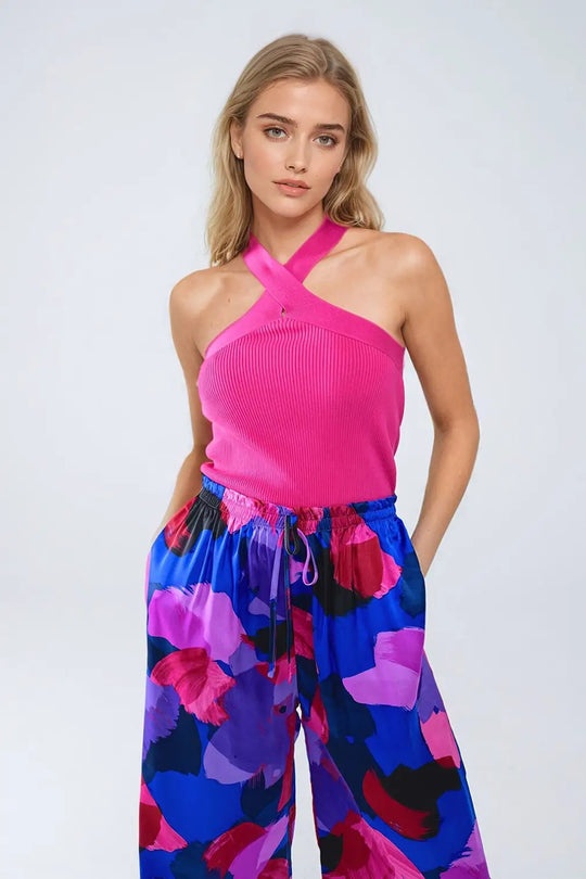 Knitted Cross Front Cropped Top in Fuchsia - Tops Sweaters