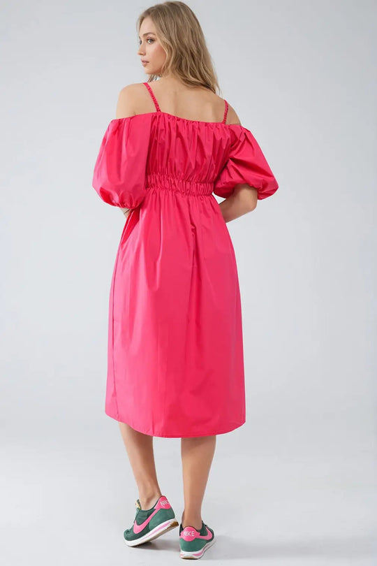 Midi fuchsia dress with short sleeves and straps - Dresses