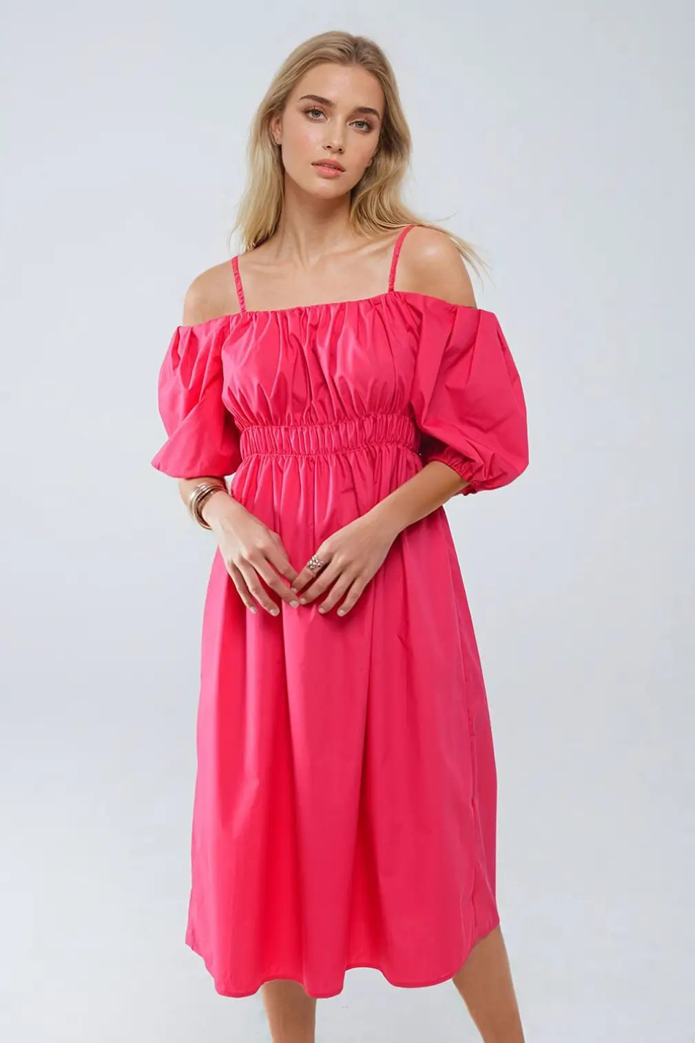 Midi fuchsia dress with short sleeves and straps - Dresses