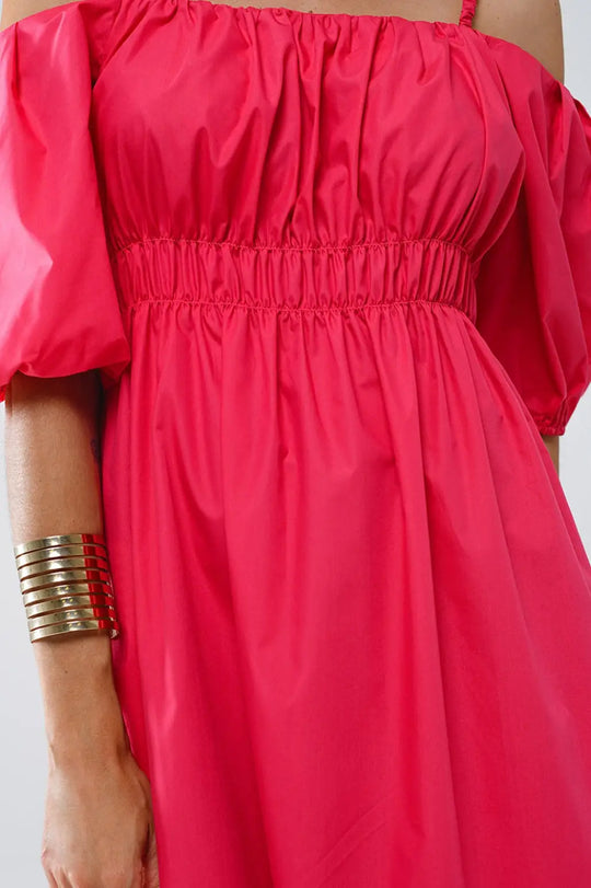 Midi fuchsia dress with short sleeves and straps - Dresses