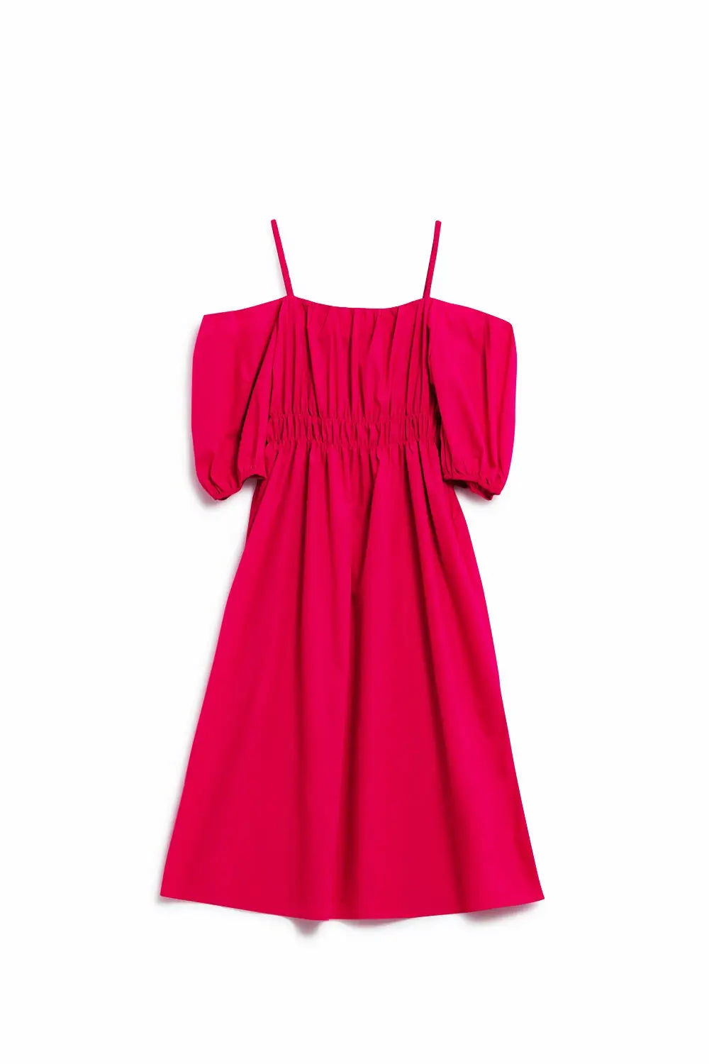 Midi fuchsia dress with short sleeves and straps - Dresses