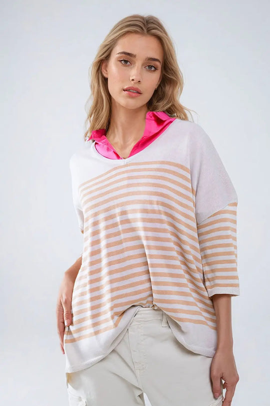 Oversized beige sweater with brown stripes and V-neck - BEIGE / ONE - Sweaters