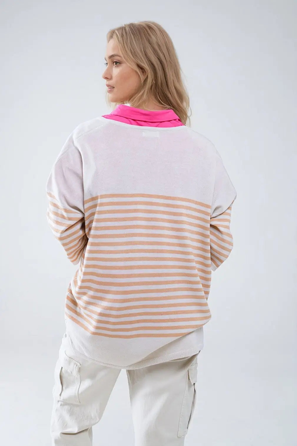 Oversized beige sweater with brown stripes and V-neck - BEIGE / ONE - Sweaters