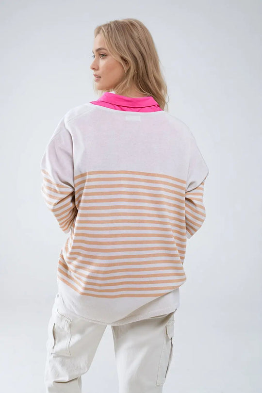 Oversized beige sweater with brown stripes and V-neck - BEIGE / ONE - Sweaters