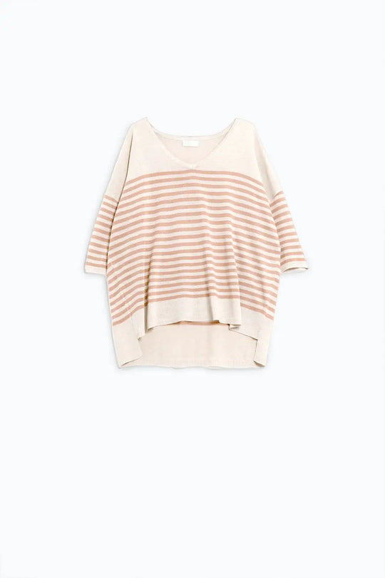 Oversized beige sweater with brown stripes and V-neck - BEIGE / ONE - Sweaters