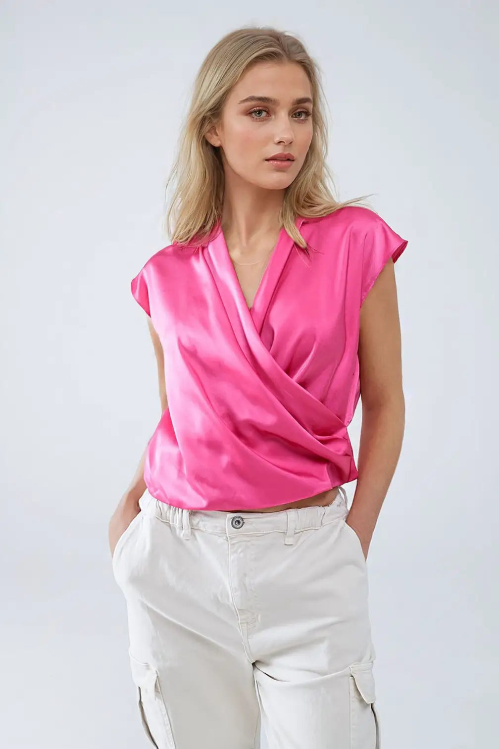 Fuchsia Crossed Silk Top With V-neck and Short Sleeves - Tops