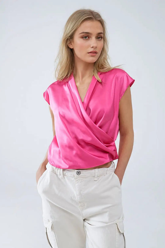 Fuchsia Crossed Silk Top With V-neck and Short Sleeves - Tops