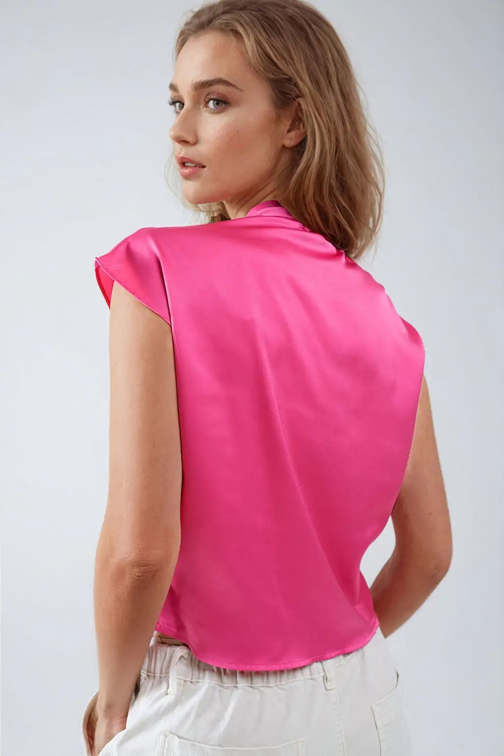 Fuchsia Crossed Silk Top With V-neck and Short Sleeves - Tops
