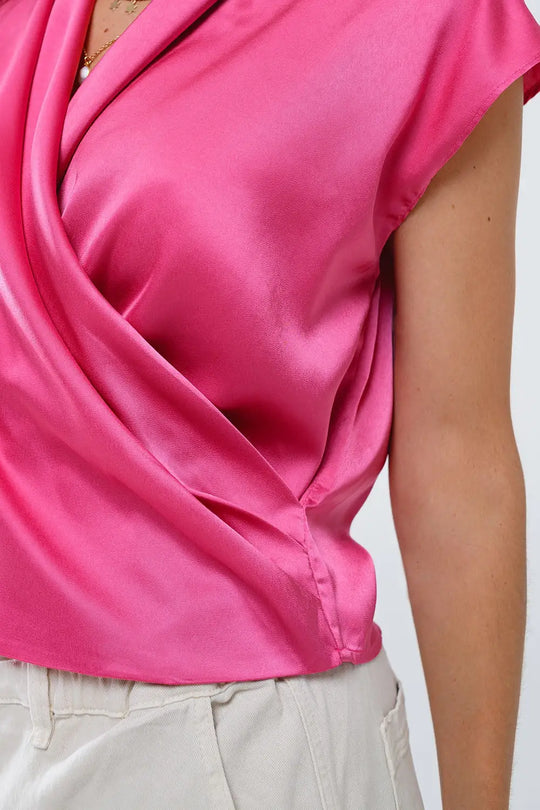 Fuchsia Crossed Silk Top With V-neck and Short Sleeves - Tops
