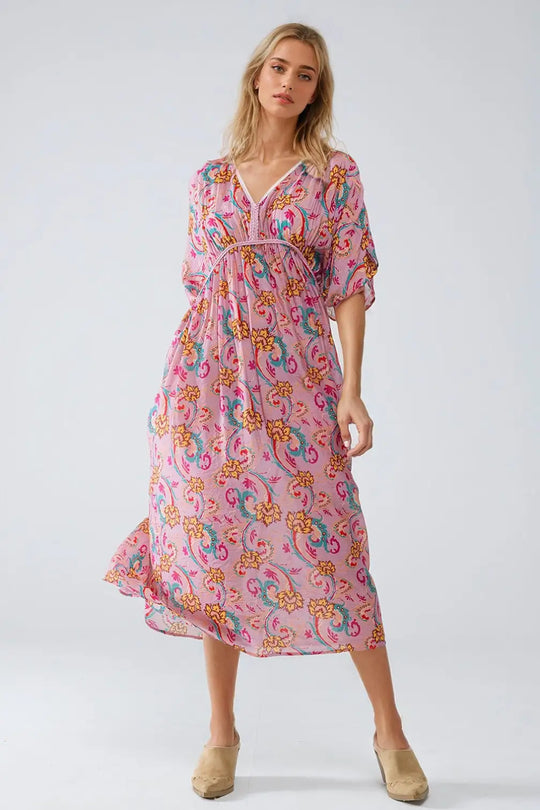 Maxi Dress In Pink With Braided Seams And Flower Print - PINK / ONE - Dresses