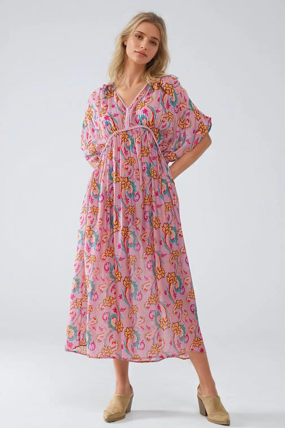 Maxi Dress In Pink With Braided Seams And Flower Print - PINK / ONE - Dresses